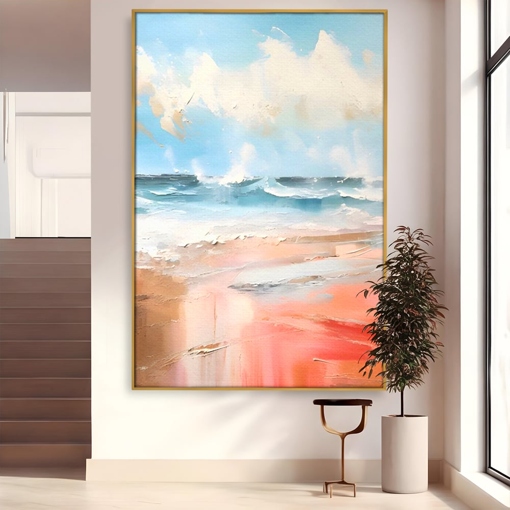 Tablou canvas cu tablou pictat cu peisaj marin abstract, in rama de aluminiu auriu